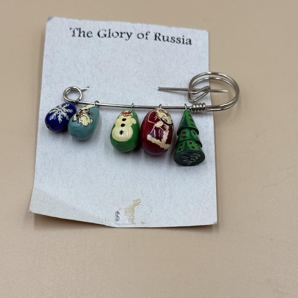 The Glory Of Russia Hand Painted Wood Christmas Pin Snowman Santa Russian Brooch